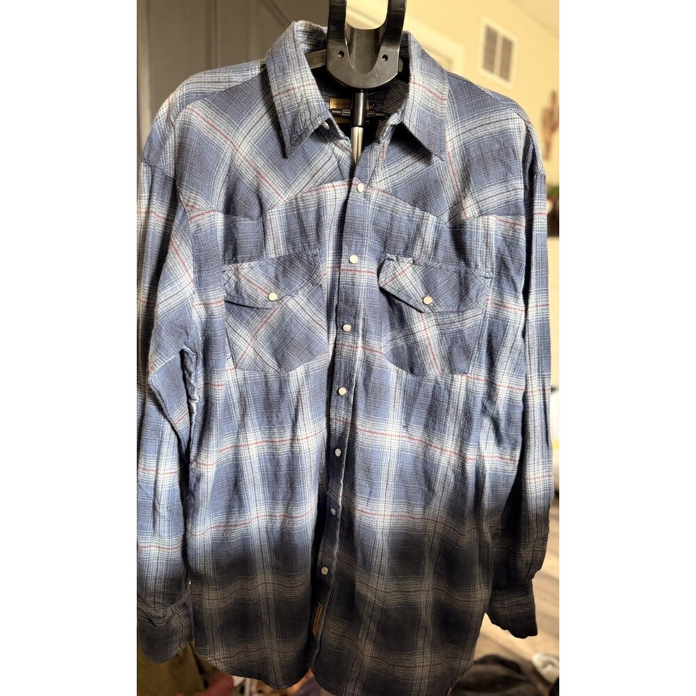 Bit & Bridle Men’s Pearl Snap 100% Cotton Blue Plaid Flannel Size XLT